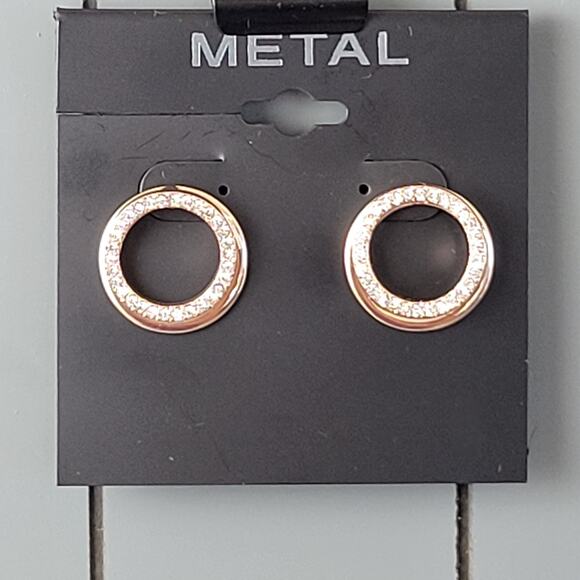 Rose Gold Circle Earrings with Crystal Accents, Metal Studs, Classic Style - Picture 2 of 9
